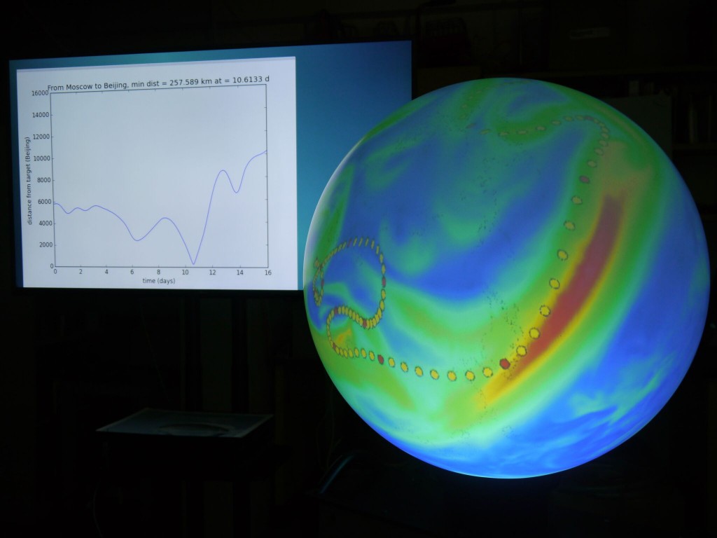 An Aerocene balloon trajectory from Moscow to Beijing shown on the iGlobe (Image: Bill McKenna)