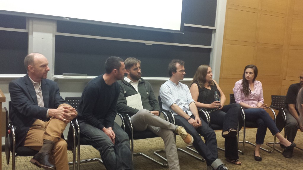 Researchers on panel 2 field questions. From left: Tom Haine, David Ferreira, Ryan Abernathy, Jon Lauderdale, 
Nikki Lovenduski and Jordan Thomas (Photo: Lauren Hinkel)