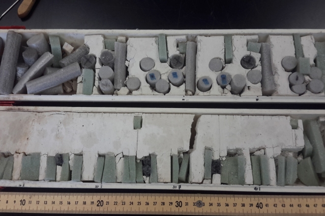 Researchers reconstructed the African dust plume over the last 23,000 years by analyzing sediment core samples from the Bahamas, pictured here. They analyzed the samples for isotopes of thorium — an element that exists in windblown dust worldwide, at known concentrations. As is a common practice, they replaced the sampled areas of each core with foam. (Photo: Courtesy of the researchers)