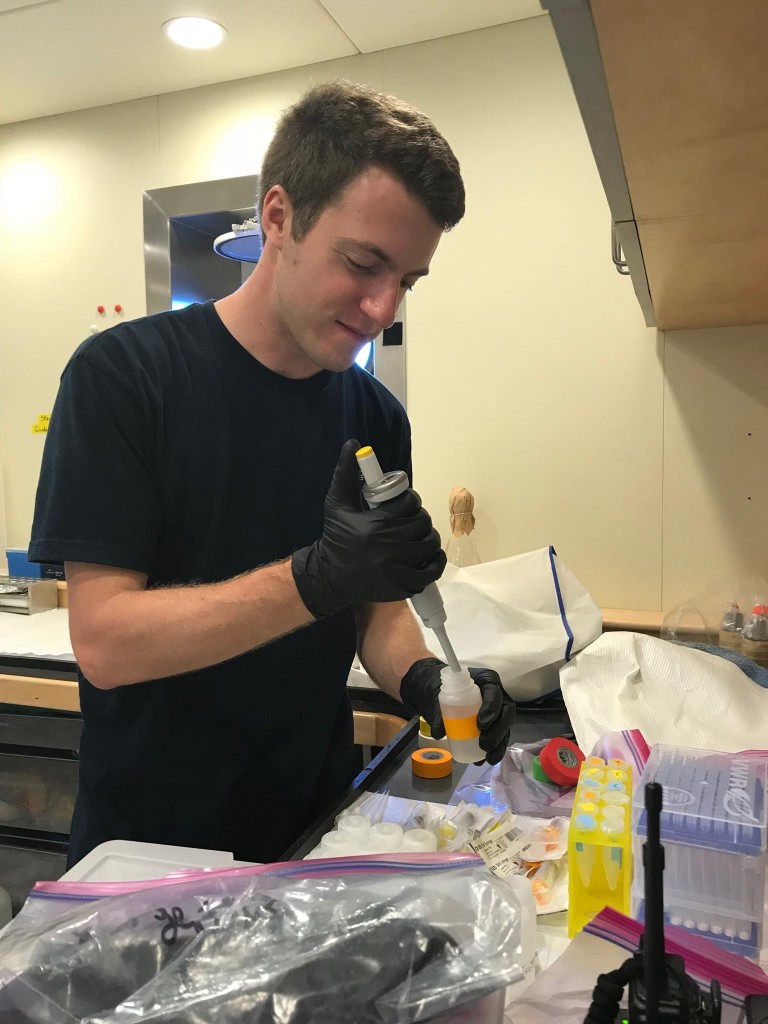 MIT-WHOI joint program graduate student Tyler Tamasi working with the corals at MIT. (Photo: courtesy of Tyler Tamasi)